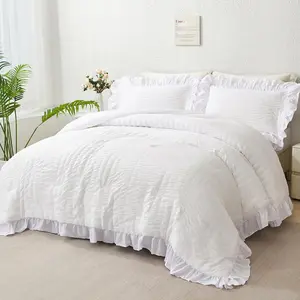 Full Bedding Set White Ruffle Comforter Set 5 count Seersucker Bed in A Bag for Women Men Fluffy Boho Bed Sets for  Seasons(White, Full)