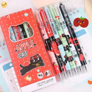 Cute Apple Cat Theme Erasable Gel Pens, 0.5mm Fine Tip, Quick Dry Blue Ink, Retractable Design, Office School Home Use