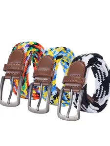 Rainbow Woven Elastic Waistband, Premium Leather Tip, Alloy Buckle, Breathable Fabric, Adjustable No-Hole Belt, Unisex, Golf Hiking Travel Daily Wear