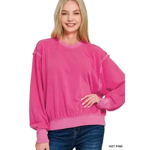 Zenana Soft Fleece Pigment Dye Round Neck Pullover