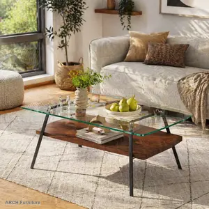 Modern Arch Rectangle Coffee Table - Tempered Transparent Glass Tabletop, Black Metal Legs - Indoor Living Room Modern Furniture, Coffeetable