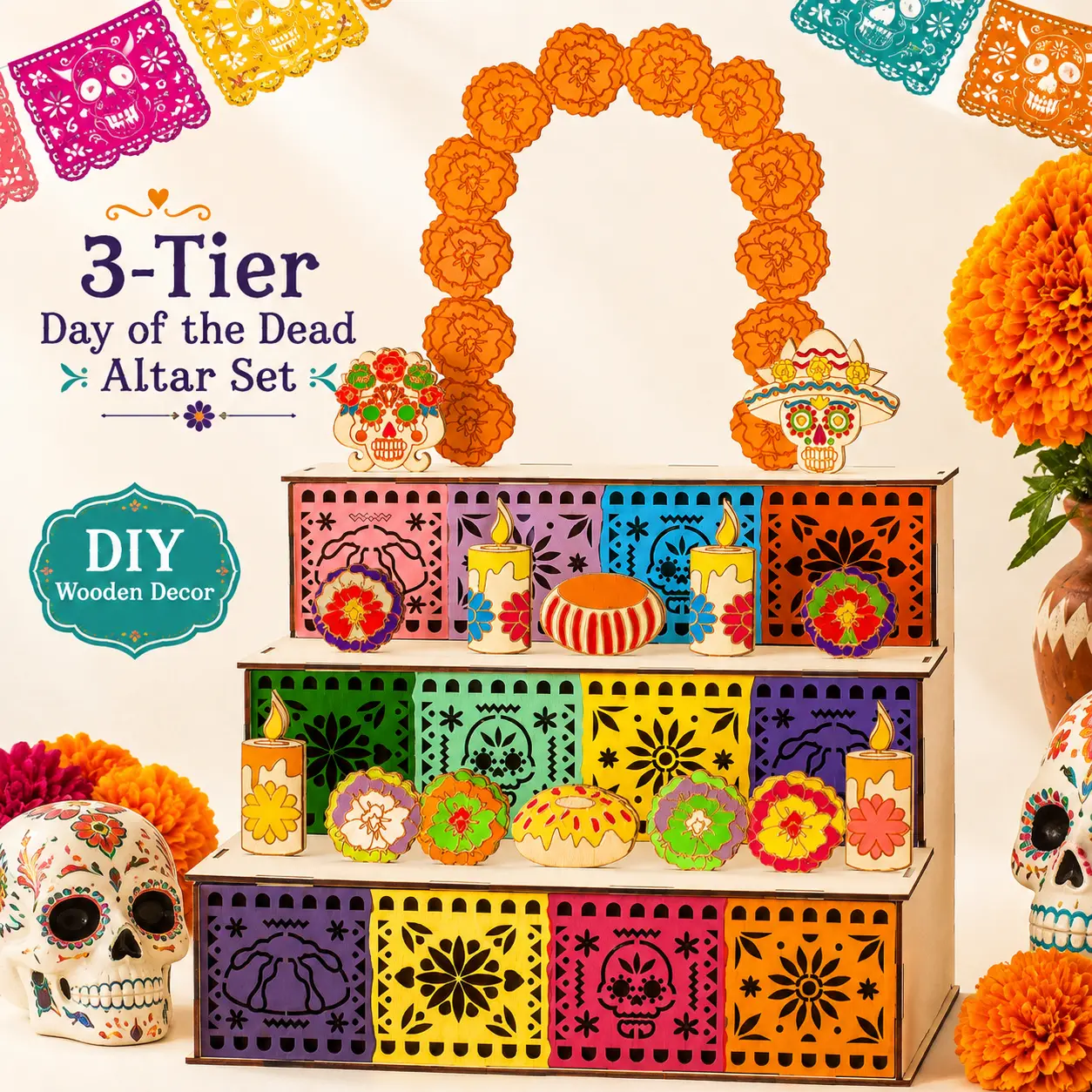 Mexican Day of the Dead Wooden Altar Display Set, 3-Tier Día de los Muertos Decor with Skull Marigold Candle Papel Picado Pieces