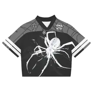 Spider Print Cropped Mesh Jersey V-Neck Number 24 Saint Faith Gothic Streetwear Summer Athletic