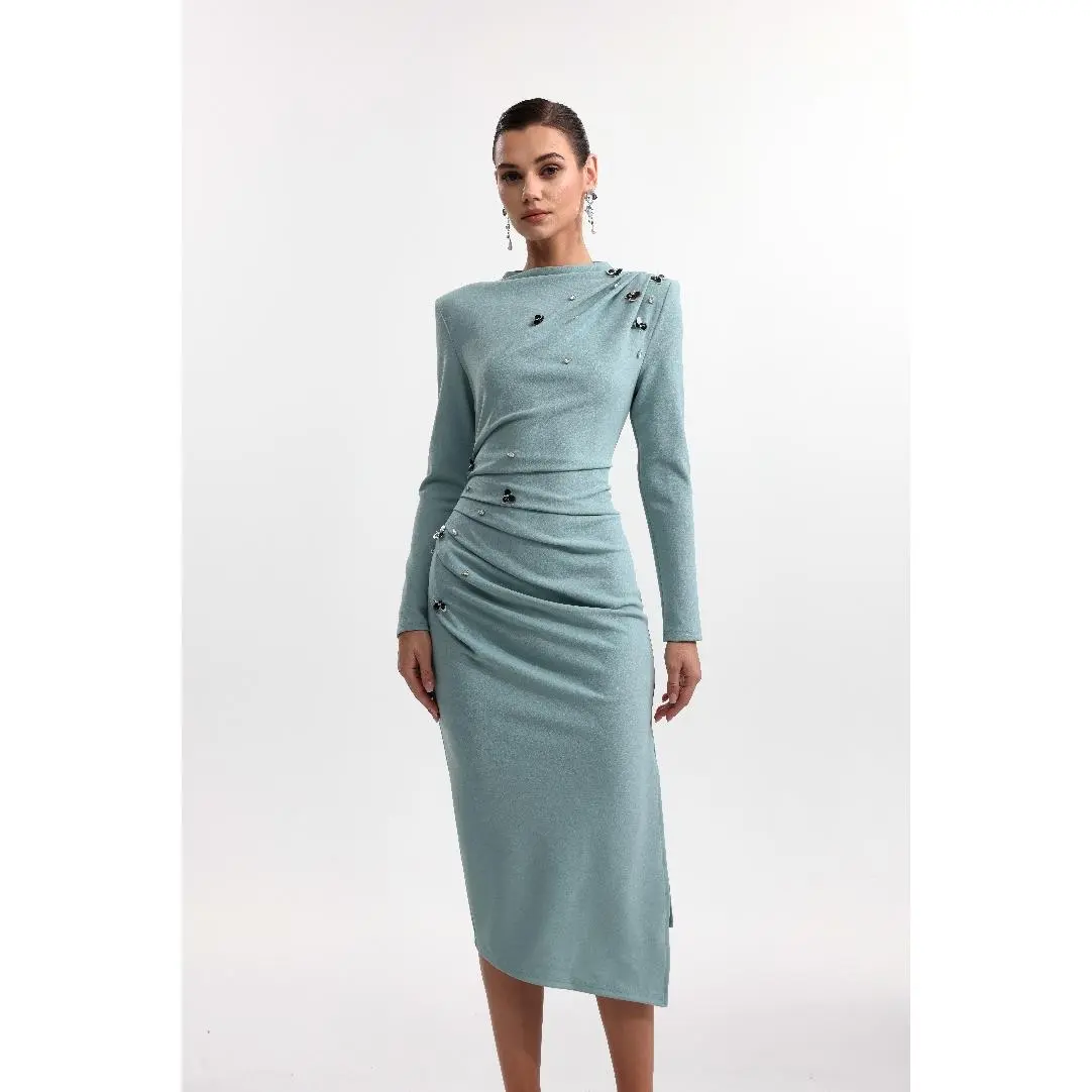 BELLA BARNETT Women's Nina Chic Long-Sleeve Sequin Floral Pleated Knit Midi Dress - Cinched Waist, Fit for Lady, Longsleeves, Stylish Women's Wear, Elegant, Waist Cinch, Ready To Wear, Belted, Chic Dress, Cinch Waist