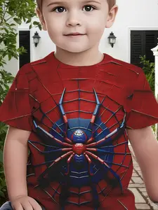 Children Spider-Man Superhero Pattern Short Sleeve T-Shirt, Cartoon Print Boys' Summer Casual Top, Fitted Long T-Shirt for Kids
