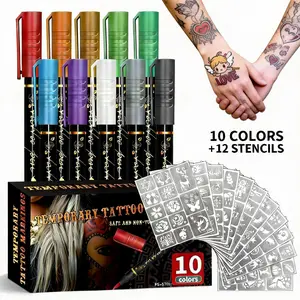 Temporary Tattoo Markers for Skin, 10-Count Body Markers Set with 10-Color Tattoo Pens + 12 Stencils, Flexible Brush Tip, Bright Colors, Cosmetic-Quality Face Paint Kit, Perfect Gift for New Year & Valentine's Day.