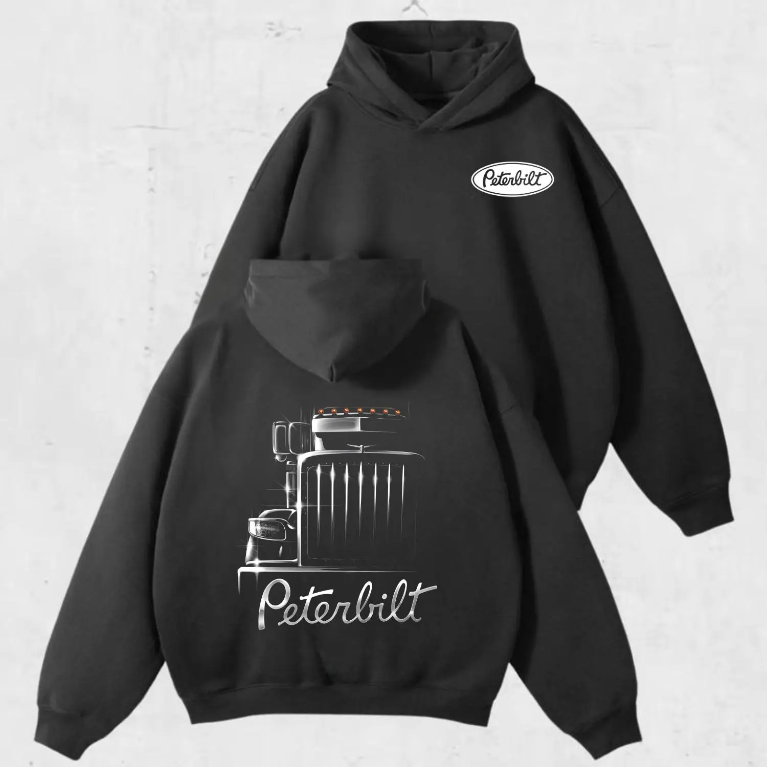 Peterbilt Semi Truck Hoodie, Sweatshirt, T-Shirt – 2Sided Classic Black Rig Graphic Tee with Front Grill Design, Bold Trucker Workwear Shirt for Diesel Mechanics, Hauling Fans & Road Warriors