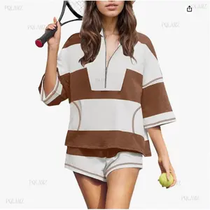 2026 Spring Summer New Women's Striped Short Sleeve Oversized Shorts Casual Sportswear Two-Piece Set Colorblock Edge Drop Shoulder Set