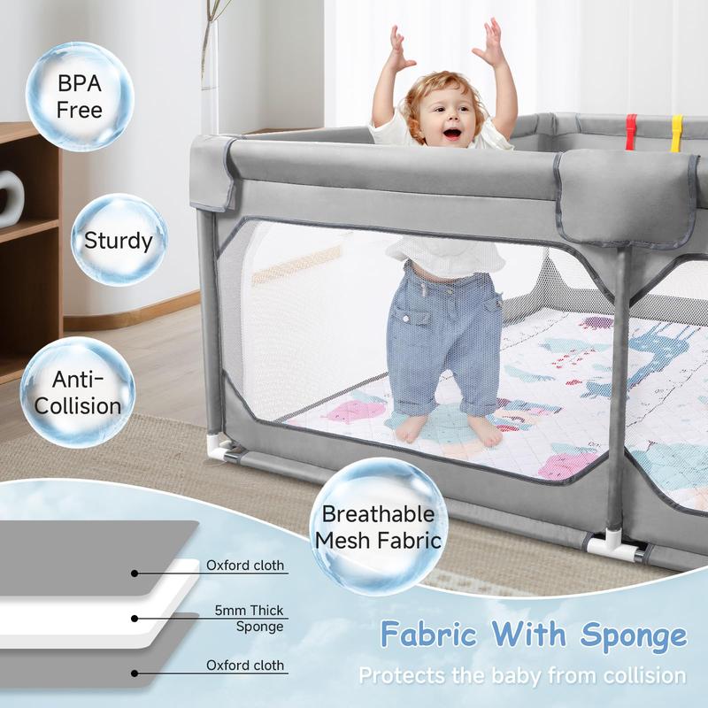 JINXIA Baby Playpen with Mat Extra Large Playpen for Babies and Toddlers with Storage Bag BPA-Free Non-Toxic Safe No Gaps Playards for Babies Sturdy Safety Play Yard for Indoor Outdoor Fun Grey