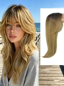 ✨Ombre Honey Blonde Hair Topper with Curtain Bangs, Clip-In Synthetic, Premium Kanekalon, Instant Volume & Realistic Style for Thinning Hair