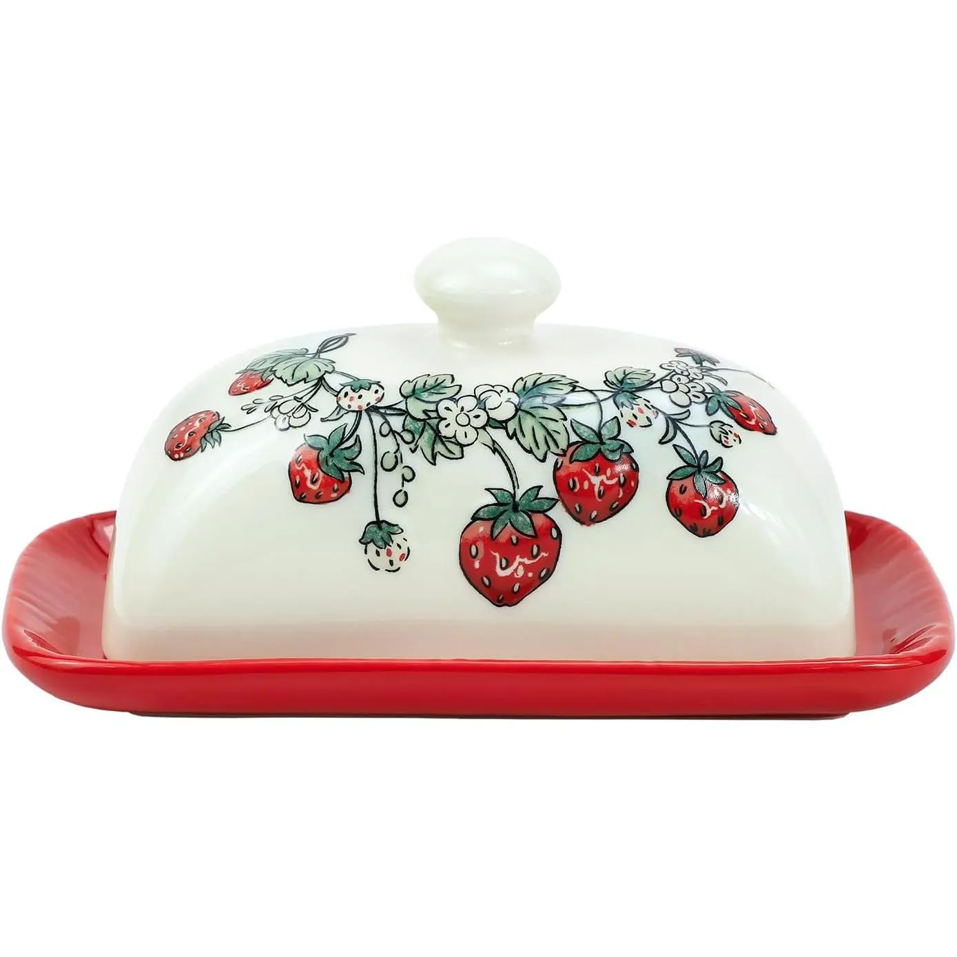 Ceramic Butter Dish with Lid Keeper Plate Tray for Kitchen Countertop Embossed Strawberry Pattern Crock Saver