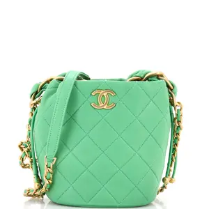 Pre-owned CHANEL material Bucket Bags Entwined Chain Top Handle Drawstring Bucket Bag Quilted Shiny Lambskin Small by Rebag