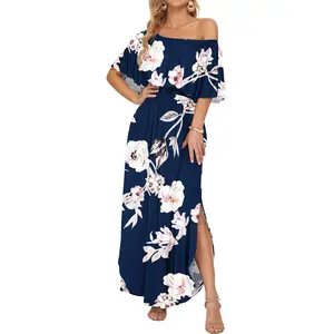 EcoNutri  Women's Plus Size Off The Shoulder Dress Wedding Guest Dress Summer Casual Long Ruffle Party Side Split Beach Maxi Dresses with Pockets