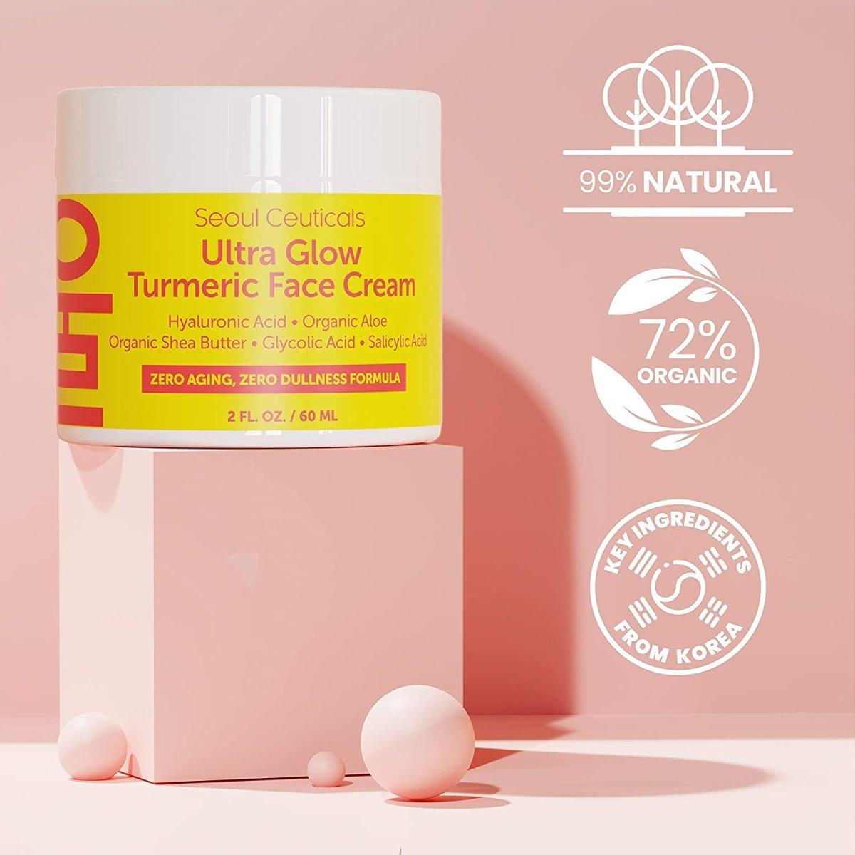 Ultra Glow Turmeric Face Cream - Moisturizer with Hyaluronic Acid, Organic Aloe, Shea Butter, Glycolic Acid, and Salicylic Acid - Korean Skincare for Youthful Radiant Skin, Comfort & Skin Repair