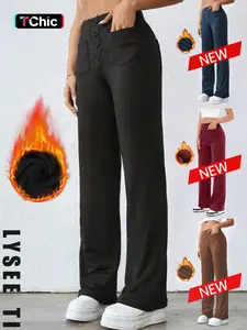 Women's sports and leisure basic high waisted Fitted solid color button multi pocket straight leg bottom pants Trouser