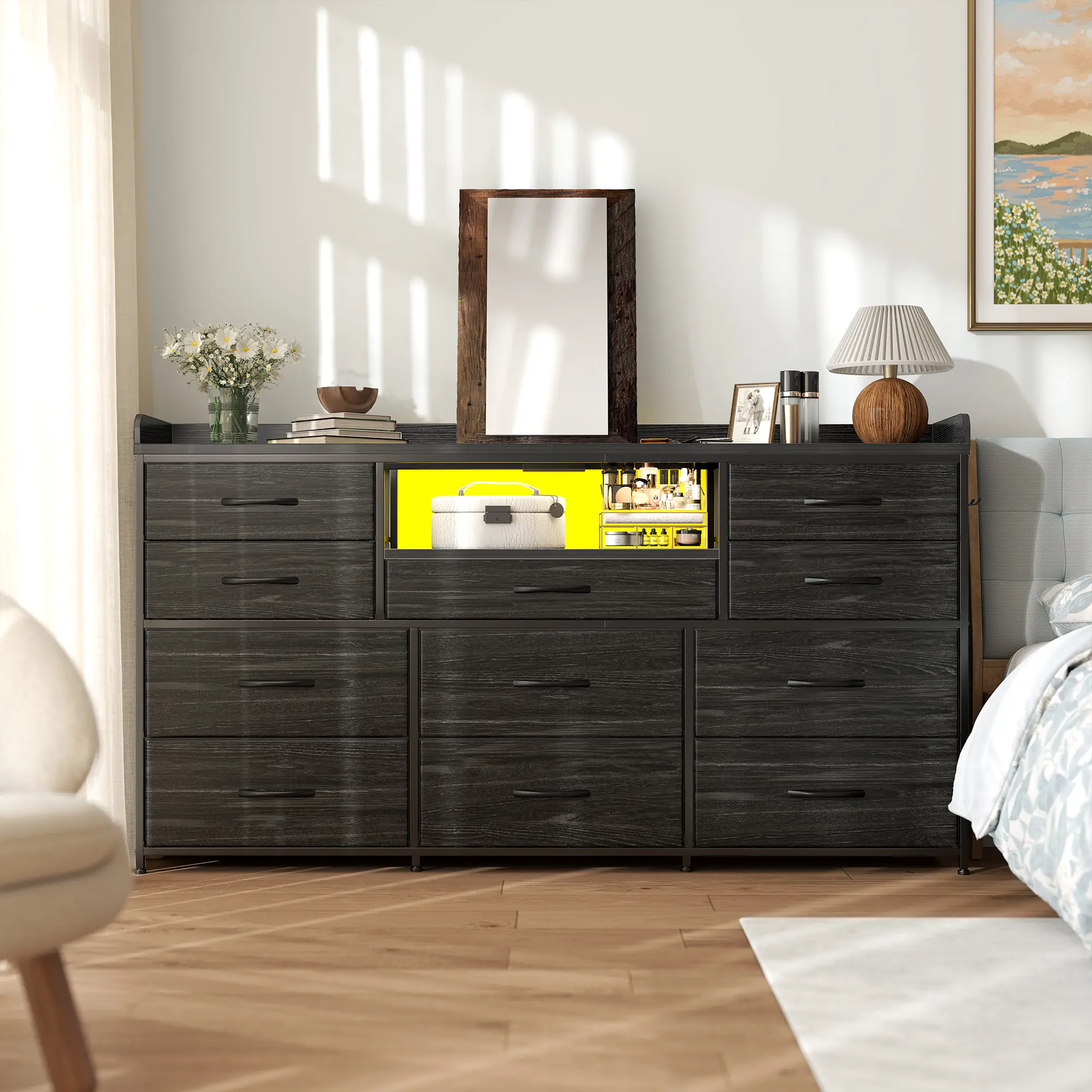 【LaborDaySale】Raybee Dresser for Bedroom 11 Drawers, with LED Lights & Power Outlets , with Shelves & 4 Hooks,Sturdy Chest of Drawers Furniture