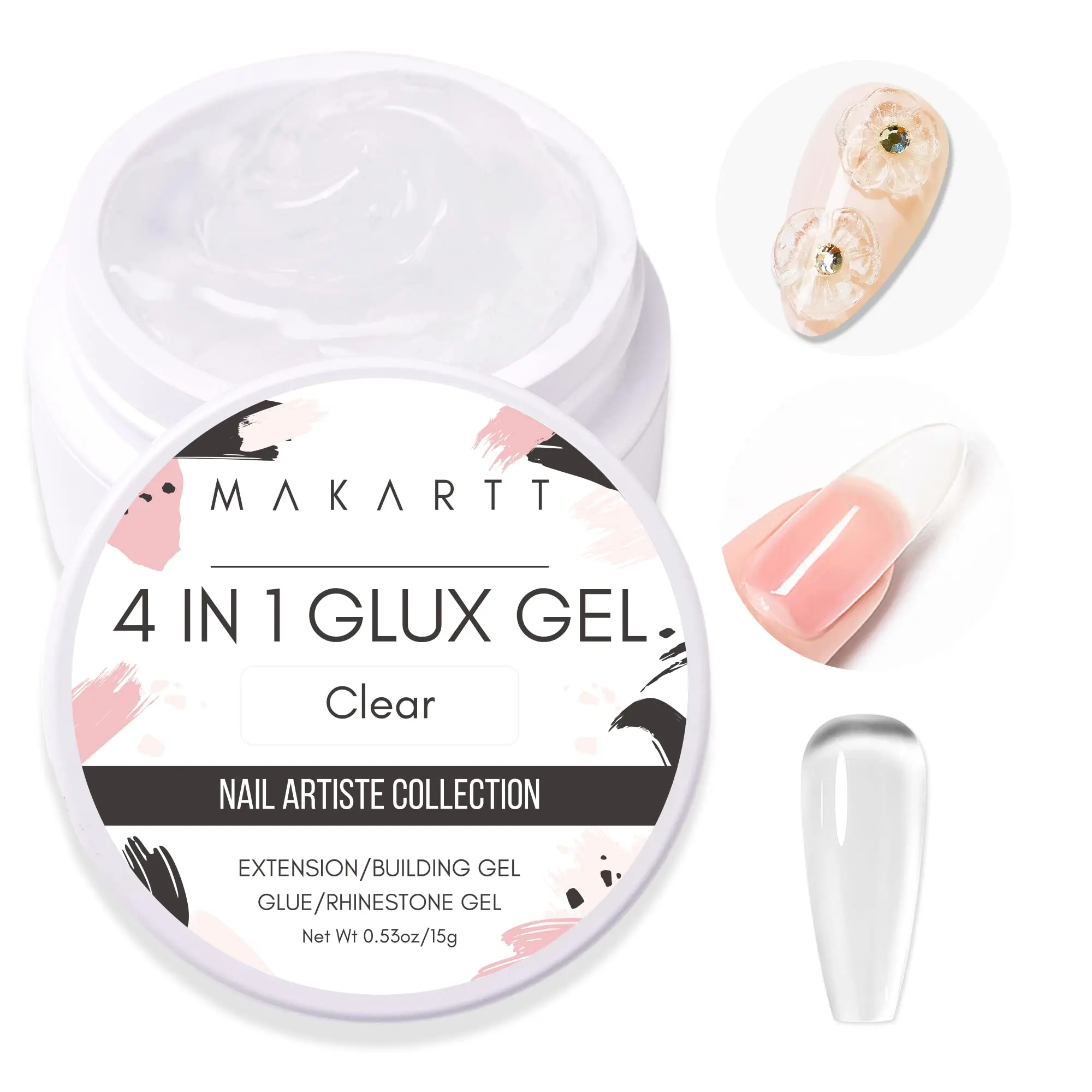 Makartt Solid Builder Nail Gel,15ML 4 in 1 Non-sticky for Extension Gel UV Glue for Acrylic Nails Rhinestones 3D Sculpture Hard Gels UV/LED Lamp Required Clear