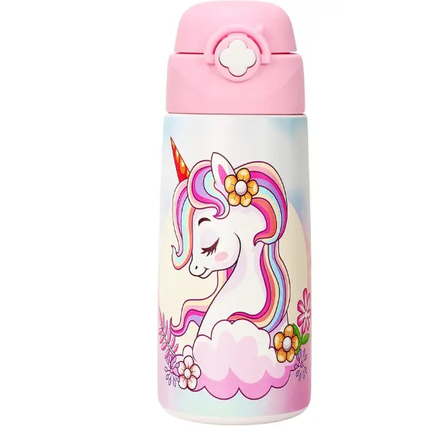 Girls 16 oz Insulated Stainless Steel Tumbler Water Bottle, Leakproof Covered Pop-Up Straw Lid, Cute Unicorn Design, Drinkware for School & Sports