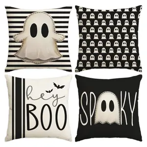 4pcs Halloween Pillow Cover, Black and White Striped Ghost Printed Pillowcase, Happy Halloween Cushion Cover, Home Decoration Sofa Cushion Cover, Suitable for Room, Living Room, Sofa, Bedroom, Car Seat Decoration Cushion Cover (No Pillow Core)