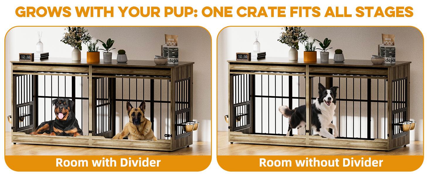 [2 Carton]78" Heavy Duty Indestructible Extra Large Dog Crate with Divider – Double Door Indoor Wooden Kennel, Removable Divider & 360° Swivel Bowls, Reinforced Steel Bars for Extra Large Dogs or Two Medium-Large Dogs