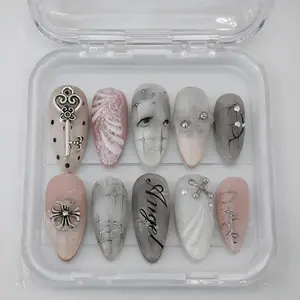 Gothic Noir Press On Nails | Hand-Painted Portrait, 3D Key, Cross Accents