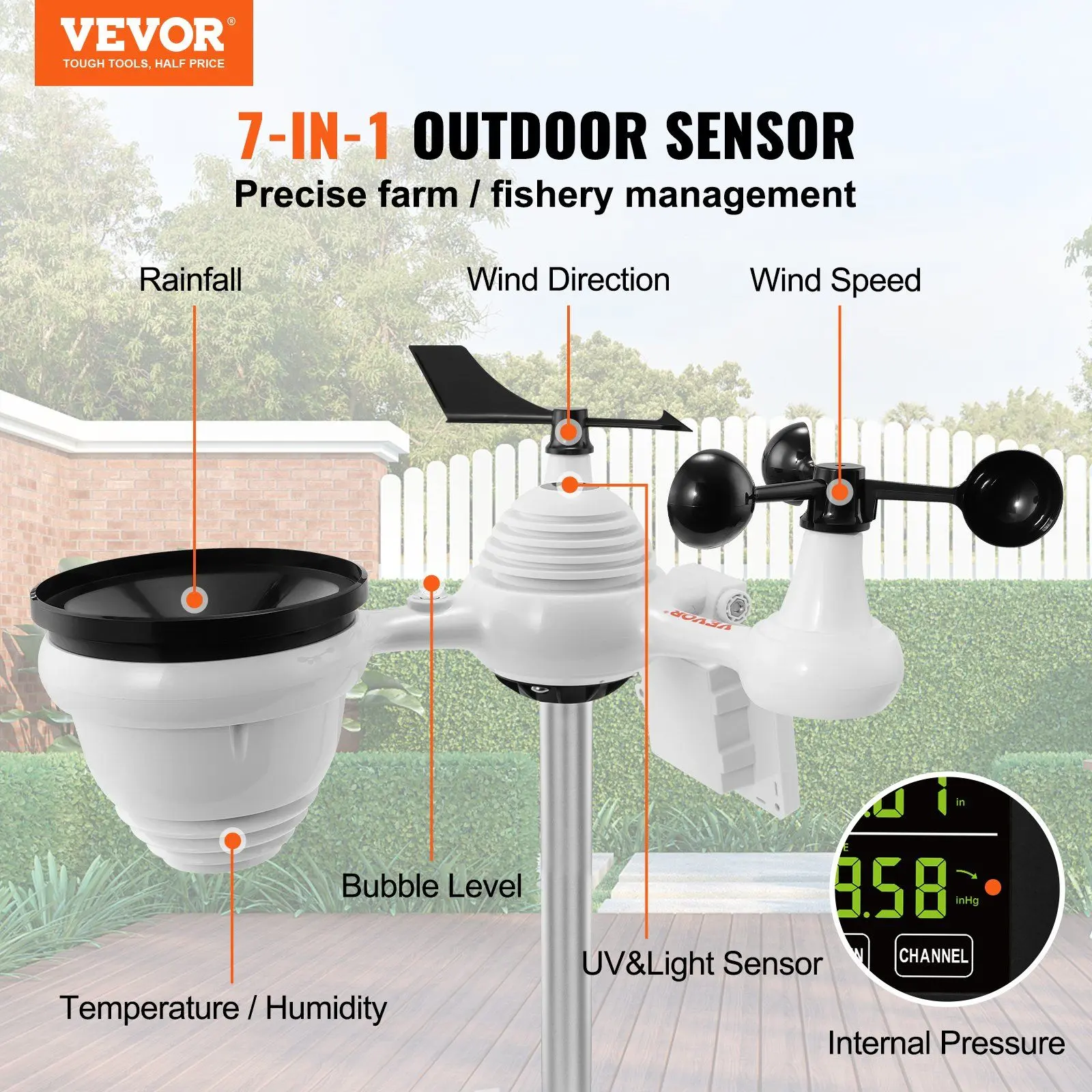 VEVOR 7-in-1 Sensor Wi-Fi Weather Station, 7.5 in Color Display, Solar Powered Home Indoor Outdoor Unit, 150m Signal, 4-Level Backlight Brightness, Wireless Outdoor Sensor with Alarm Alerts for Temperature Humidity Wind Speed/Direction Rain