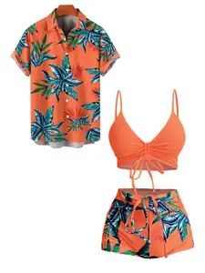 DRESSLILY Hawaii Couple Outfit Women's Solid Color Cinched Swim Top Tropical Plant Leaf Pattern Bowknot Boyshorts Tankini Set and Men's Roll Up Sleeve Shirt Vacation Outfit