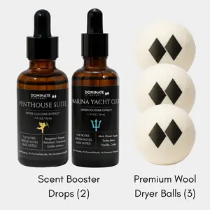DOMINATE Detergent – Cologne/Perfume Laundry Scent Booster + Dryer Ball Bundle (2-PACK) • 26 Bottles of Fragrance / 80 Loads • No Formaldehyde or Hormone Disruptors • Long-Lasting Men’s & Women’s Variants • Natural Scent Booster / Dryer Sheet Alternative