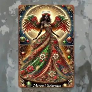 Aluminum Merry Christmas Wall Art 7.8x11.8 Inch Bohemian Holiday Decoration with Ornate Black Angel for Home Festive Decor