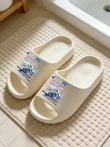 1 Pair Chinese Style Ink Wash Nine-Tailed Fox Sakura Printed Thick Sole Slippers, New Chinese Style, Non-slip Soft Sole, Indoor & Outdoor Dual-use, Open Toe Slides, Casual Slippers