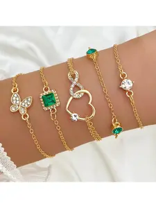 Elegant 5-Piece Retro Emerald Square Diamond Butterfly Heart Bracelet Set, Fashion Alloy Bracelets Jewelry for All Seasons, Stackable Hand Chains