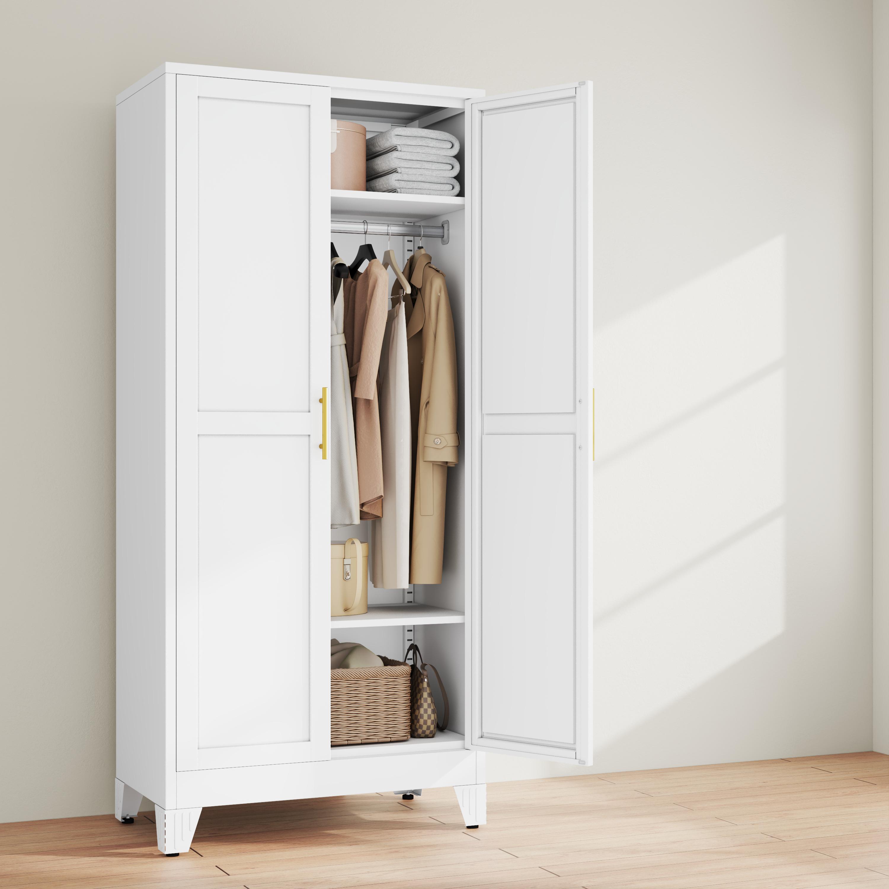 Metal Armoire Wardrobe Closet with 2 Doors, Freestanding Bedroom Clothing Storage Cabinet with Adjustable Shelves & Hanging Rod