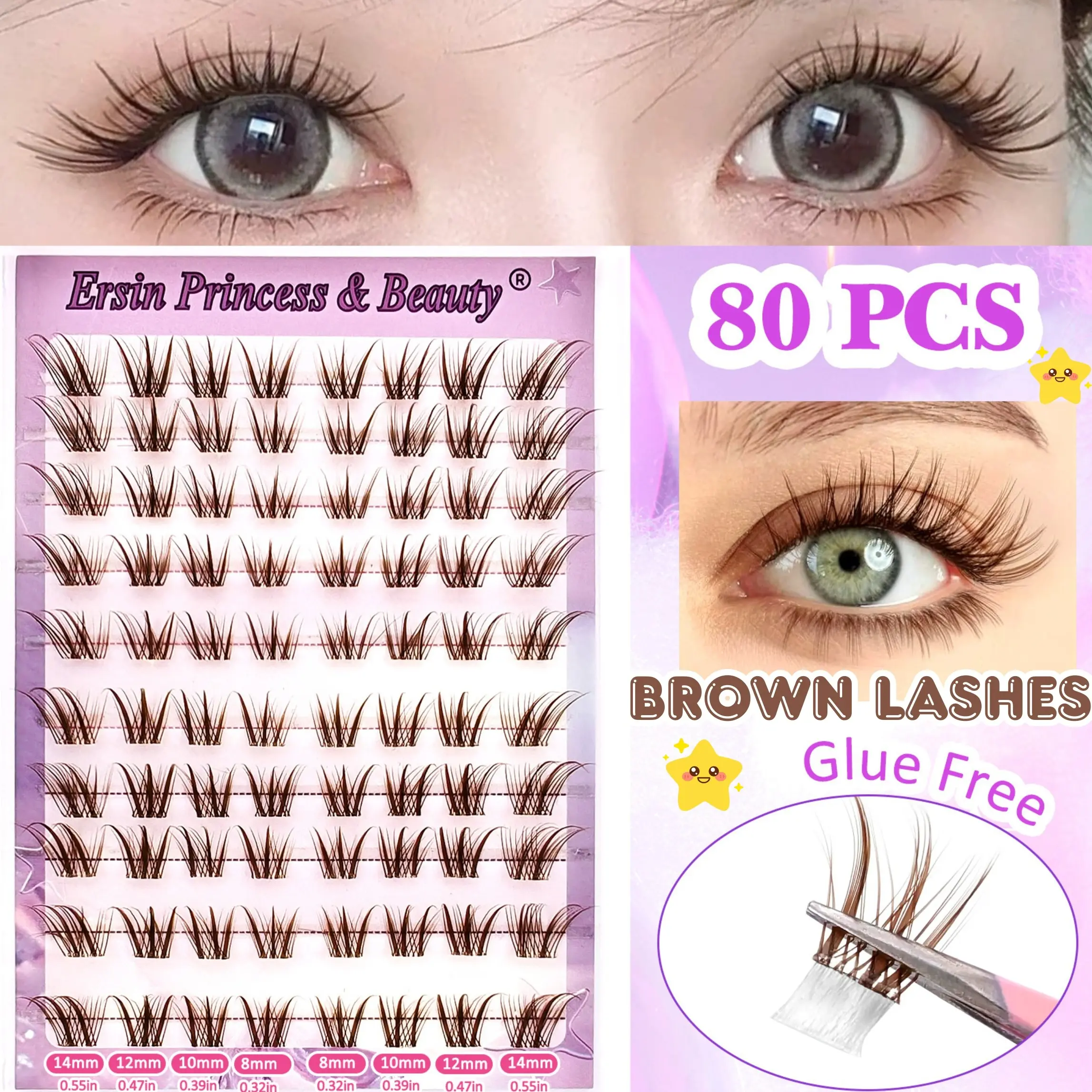 80 Pairs Self-Adhesive Volumized False Eyelashes, Mixed Lengths 8-14mm, Natural Volume, Wispy Volume Set, Anime Cosplay Travel Friendly, No Glue Needed