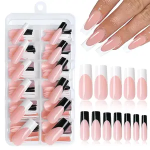 French Tips Press on Nails, 120pcs/box Long Square Fake Nails, Full Cover Glossy Nails Press ons, Acrylic Nail Fingernail for Women Girls False Nails Art Decorations