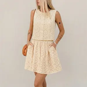 Chicovar Women’s Summer 100% Cotton Eyelet Embroidered Two Piece Set – Sleeveless Button Front Top & High Waist Elastic A-Line Mini Skirt, Hollow Out Matching Outfit for Resort, Vacation, Casual & Work Office Wear