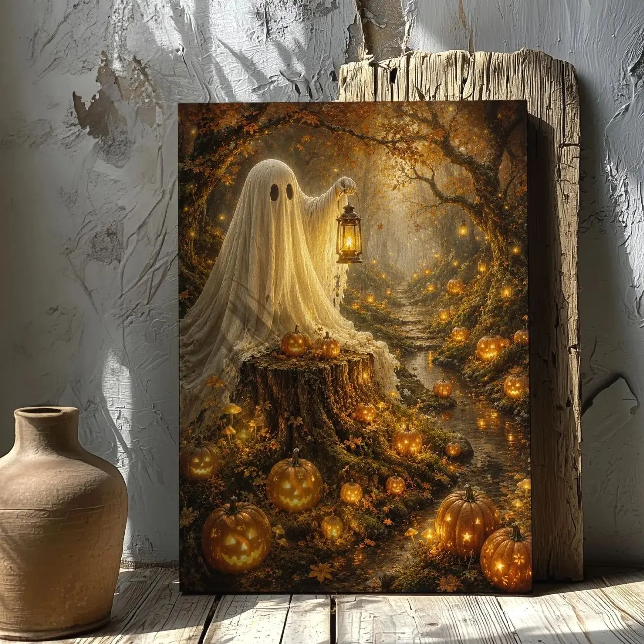 Cute Ghost Lantern Canvas Print, Cozy Pumpkin Forest Wall Art, Moody Halloween Decor, Autumn Canvas Art M