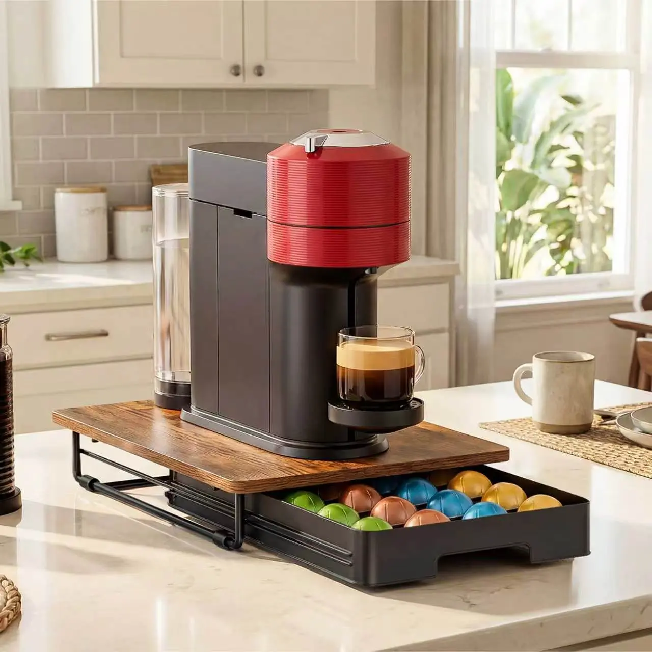 EVERIE Low Profile 3" Coffee Pod Drawer Angled Slots Compatible with Nespresso Vertuo Holds 24 Capsules Wood Top Metal Frame