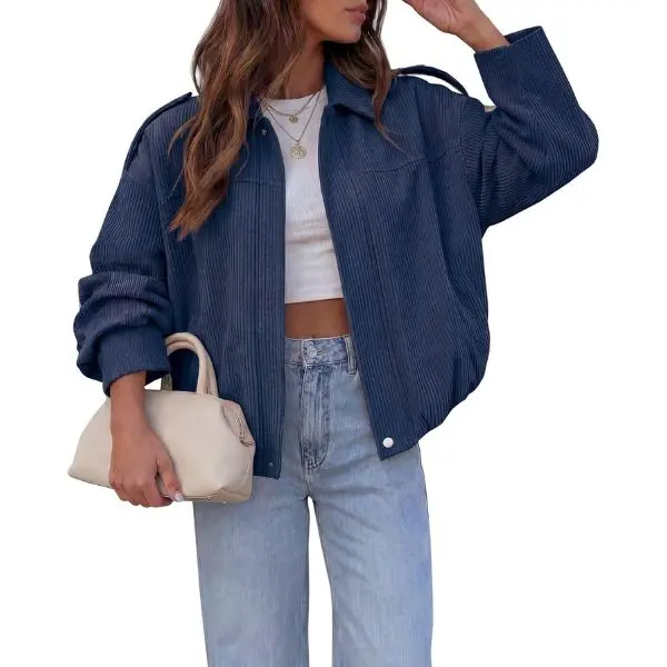Fisoew Women's Oversized Soft Corduroy Bomber Jacket - Cropped Button-Down Basic Fabric Piece, Casual Outerwear for Everyday & Streetwear, Tops, Style, Leggings, Simple