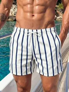 Men's Bestselling Drawstring Waist Short Pants, Cool Blue Vertical Stripes Quick-Dry Beach Shorts, Casual Outdoor Wear