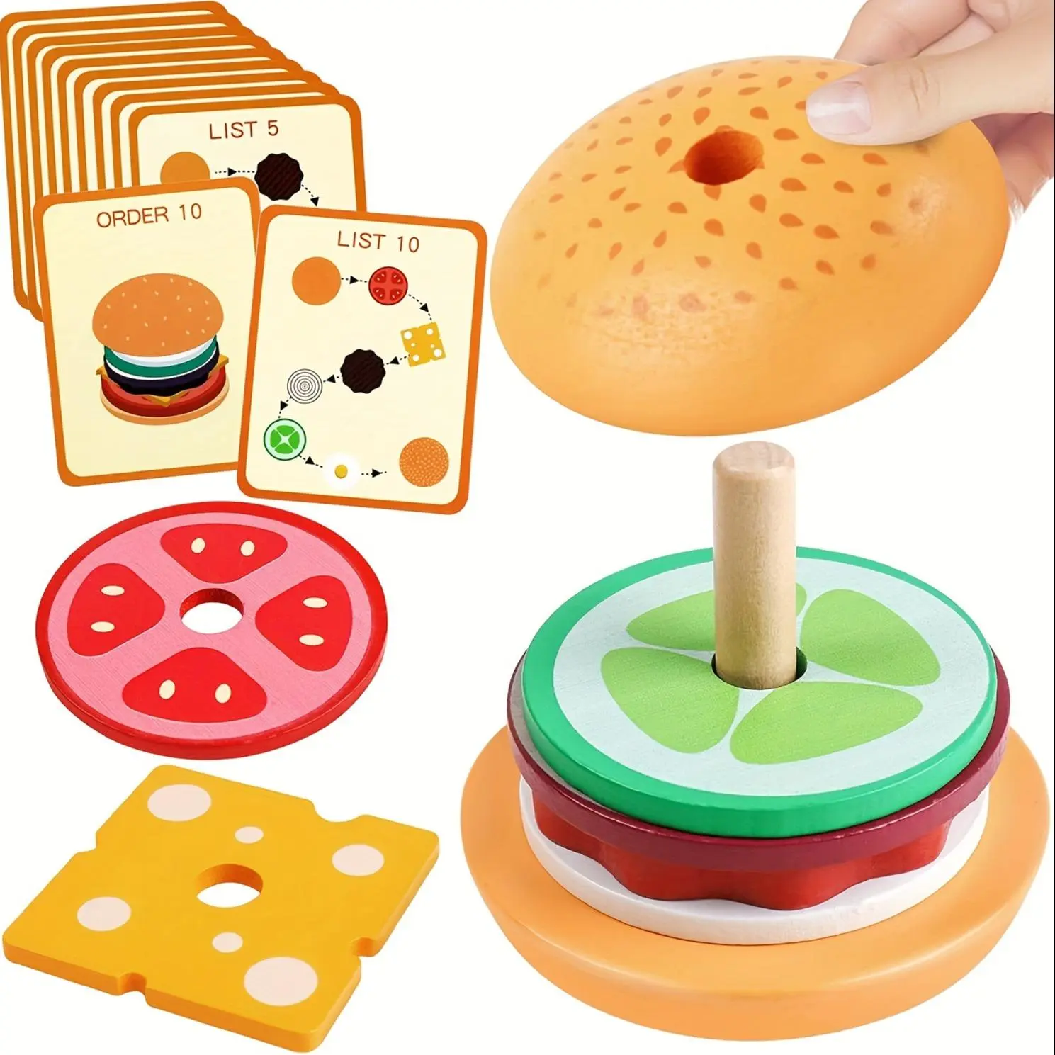 Montessori Burger Stacking Toy Set, Play Kitchen Accessories, Wooden Play Food, Toddler Cooking Playset, 1 Set Fine Motor Skills Wooden Burger Toy With Order Card, Preschool Educational Toy For Toddlers