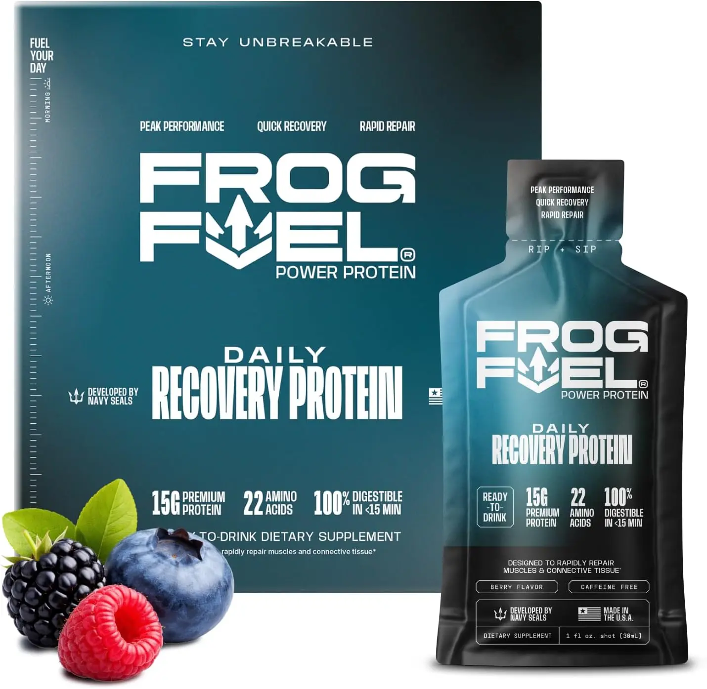 Frog Fuel Power Liquid Protein Shot, Berry, 15g Protein - Nano Hydrolyzed Grass Fed Collagen, 22 Amino Acids, Sugar, Fat & Carb Free - 24 Pack
