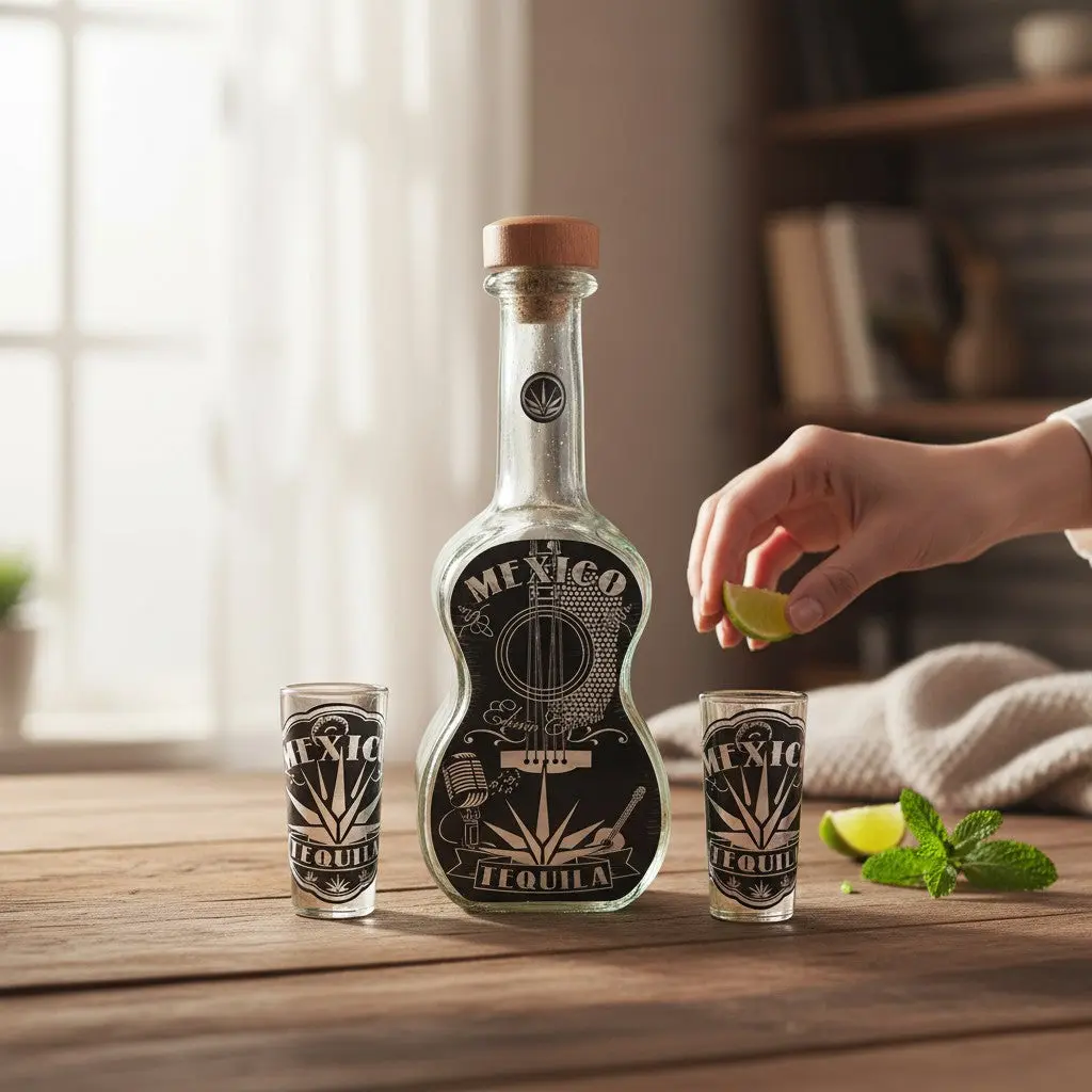 Mexican Tequila Decanter Set | Guitar Design with Shot Glasses