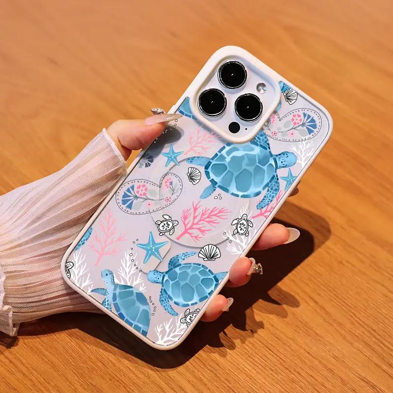 Blue Turtle Pink Coral Starfish Paisley Ocean-Style MagSafe-Ready Silicone Metal Cellphone Case & Screen Protector - Shockproof, Anti-Fall, Multi-Model for iPhone 16 Pro Max,15,14,13,12,11 (Customized Option Available)
