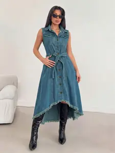 Women's Sleeveless Loose Comfortable Denim Dress, Casual Adjustable Belted Design, All-Season Wear, Plain Pattern, Long Dress Style