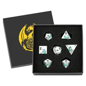 Silver Color Dragon Flat Dnd Alloy Dice Set, Metal Dice Set with Dragon Pattern, 7 Multi-Faced Metal Dnd Dice Set, Role-Playing Board Game Accessories, Polyhedral Dice Set