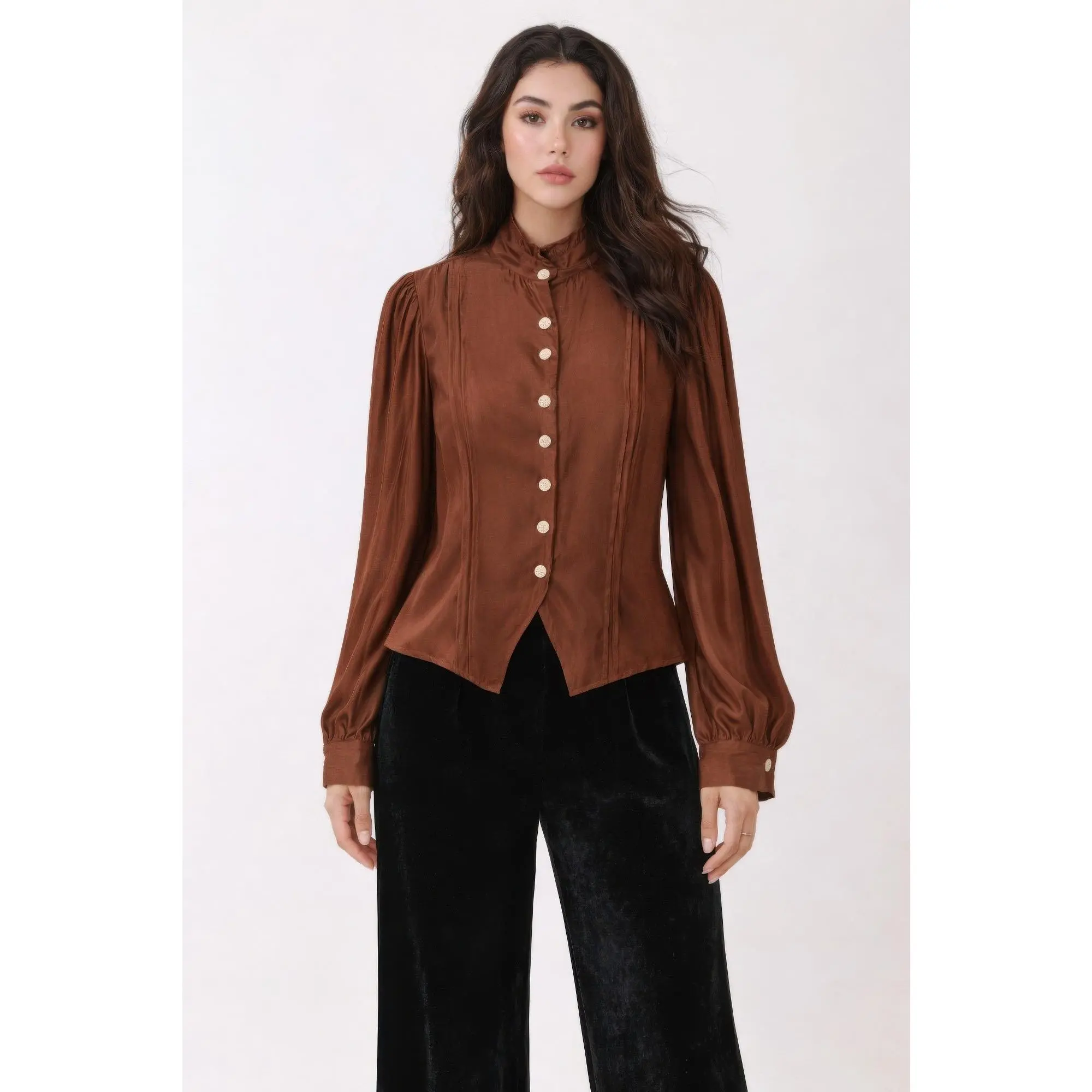 Women's Victorian Elegant Satin-Finish Button-Up Blouse, Lightweight Feminine Wrap Top with Asymmetrical Detail, Blouses