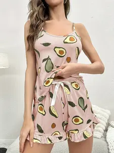 Women's Avocado Print Pajamas Set, Cami Top with Ruffle Shorts 2 Piece Soft Comfy Home Sleepwear