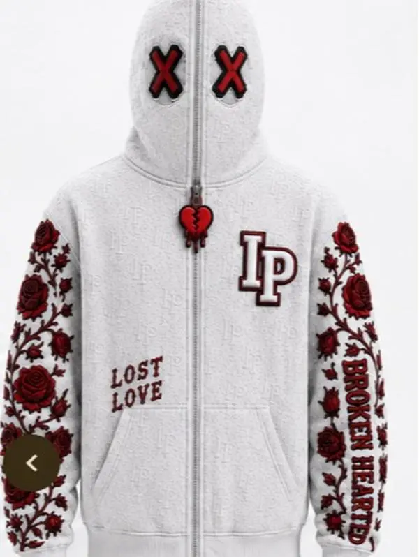 Men's Premium Embossed Full-Zip Hoodie - Internally Prospered "Lost Love" Design, White/Red, Menswear Sweatshirts