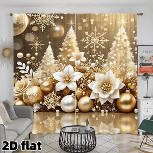 2D Flat 2Pcs Elegant Christmas Golden Snowflake Flower Printed Curtain Panel, White Floral Pattern, Semi Sunshade Rod Pocket Style, Perfect for Living Room Bedroom Kitchen Window Decoration, Holiday Festival Theme Room Darkening Window Treatment