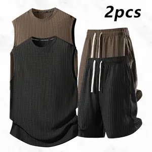 Men's Summer Waffle Sleeveless Vest & Shorts Set Dark Brown Two-Tone Ice Silk Quick-Dry Loose Fit Drop Shoulder Top Drawstring Elasticity